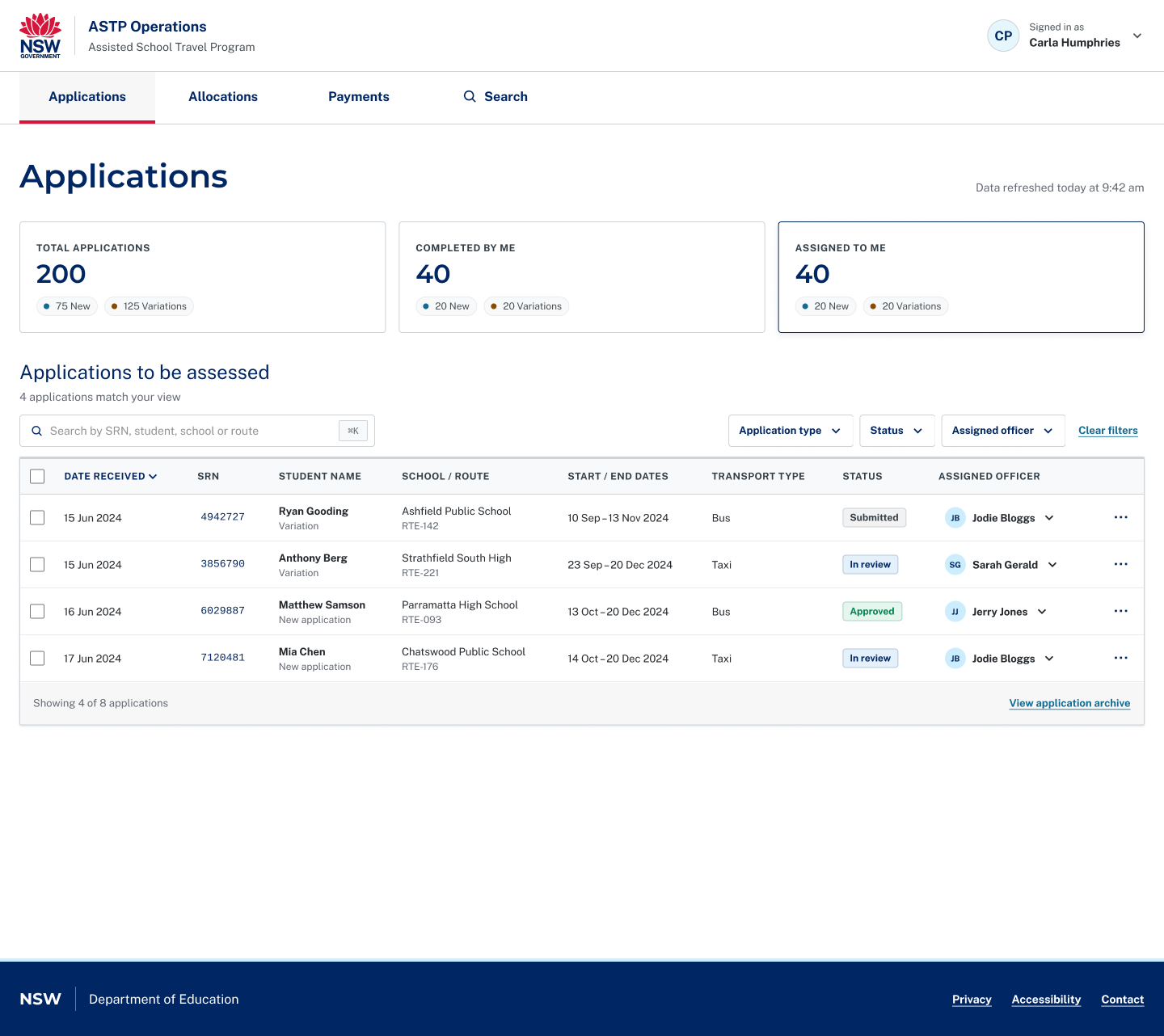 Assisted School Travel Program — Digital NSW Design System Evolution (2026) dashboard UI