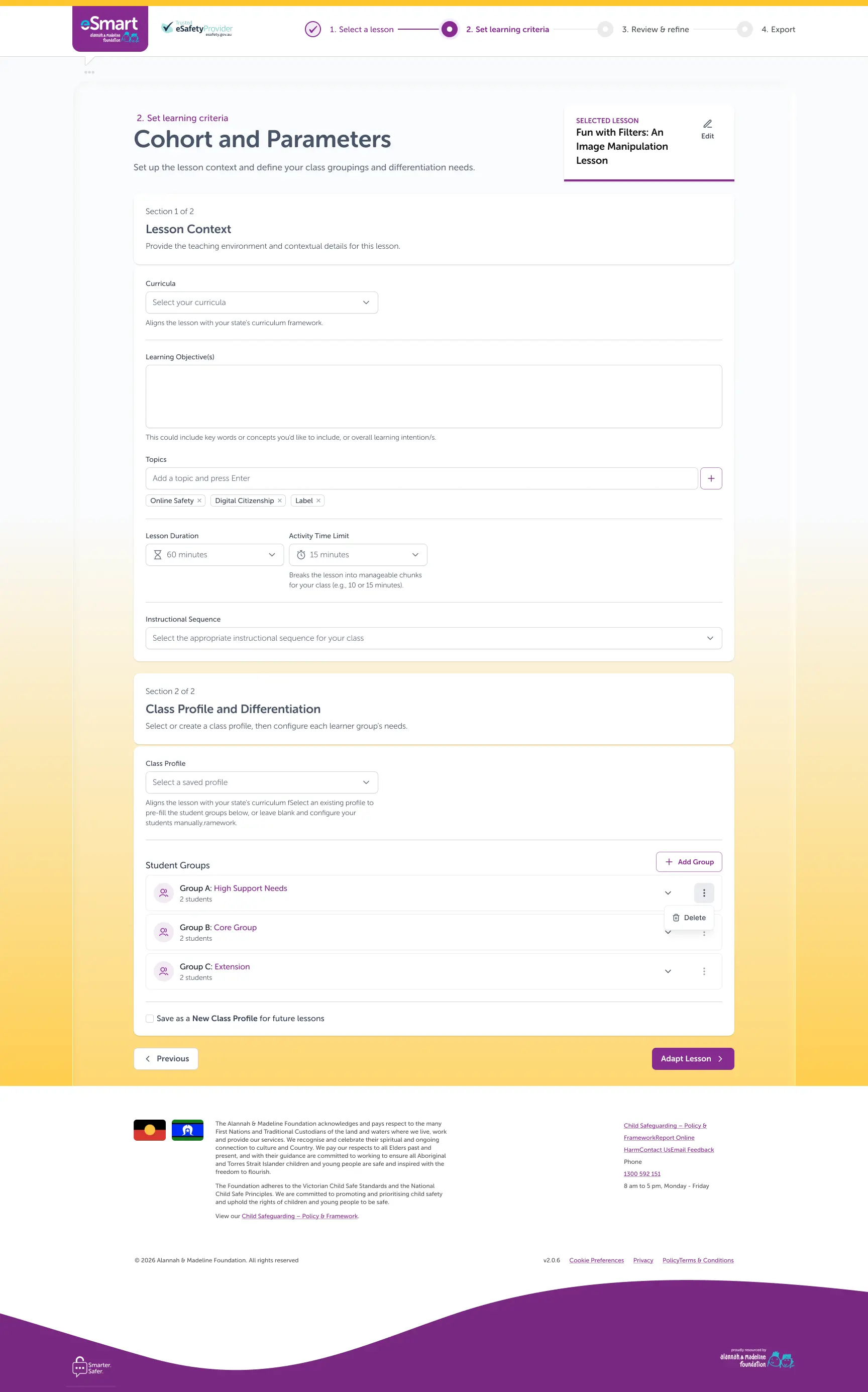 Project Fair Go Step 2 high-fidelity UI: Cohort and parameters