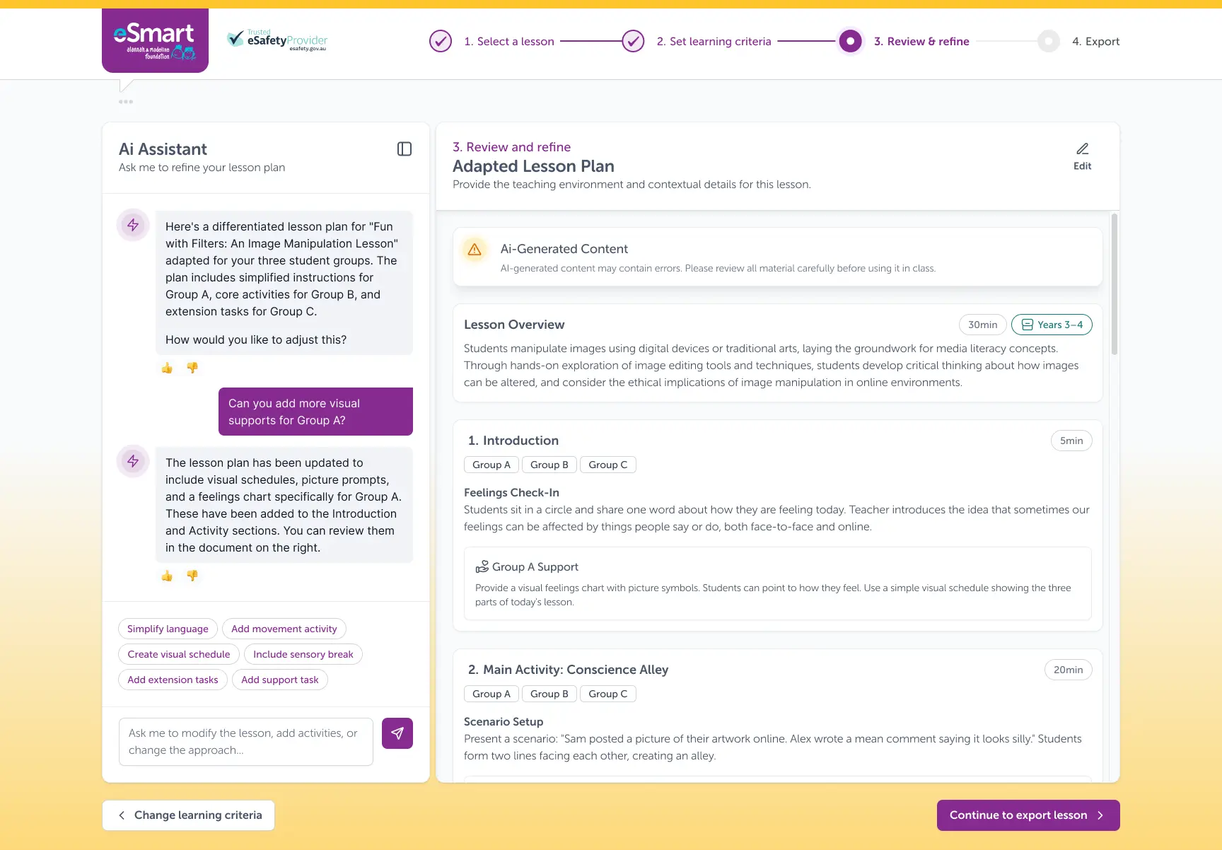 Project Fair Go Step 3 high-fidelity UI: AI assistant review and refine
