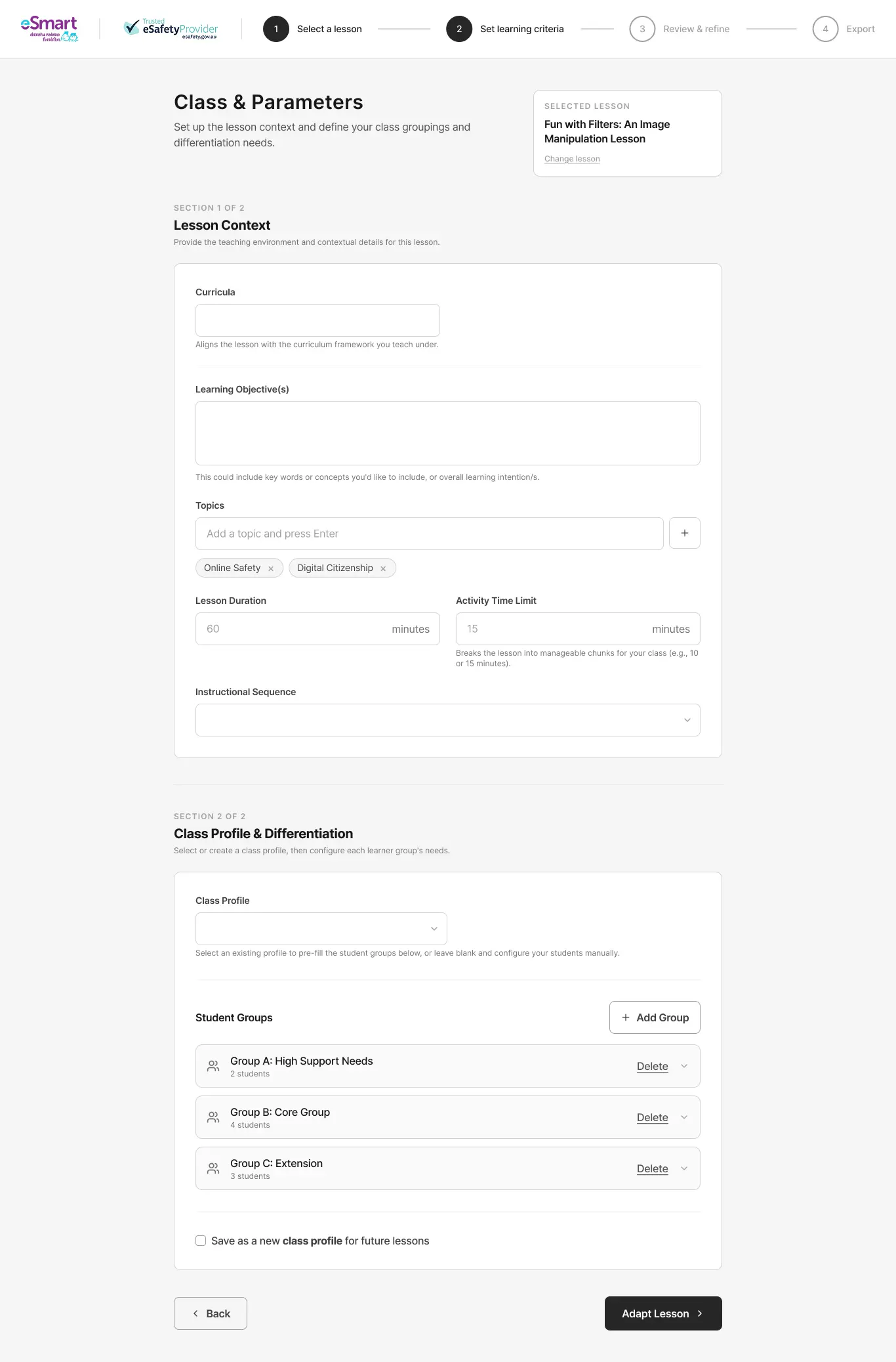 Project Fair Go Step 2 wireframe: Set learning criteria & cohort parameters