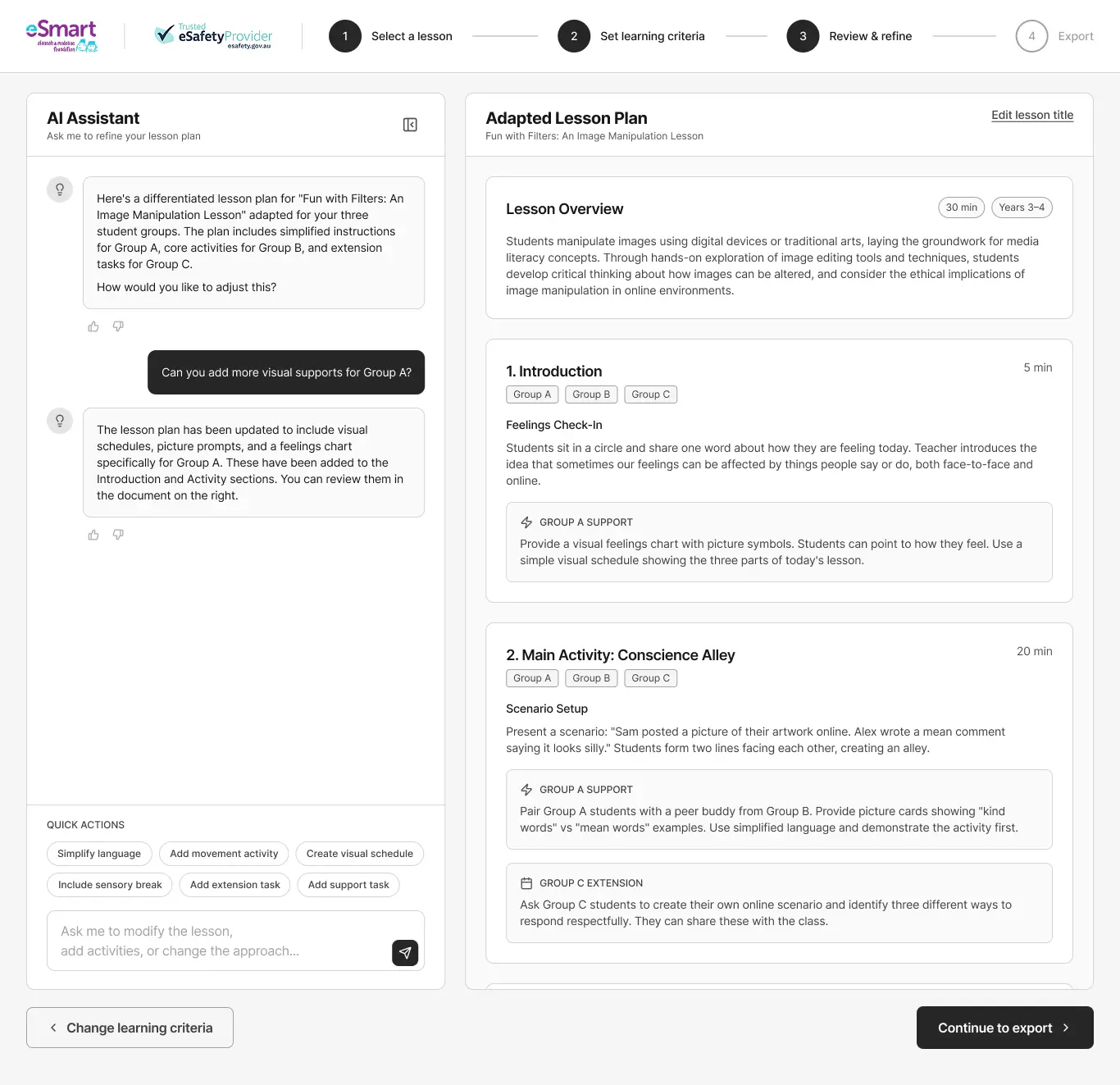 Project Fair Go Step 3 wireframe: Review and refine adapted lesson plan